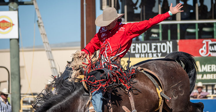 Kade Bruno wearing a red shirt and a cowboy hat, riding a saddle bronc horse at a rodeo.